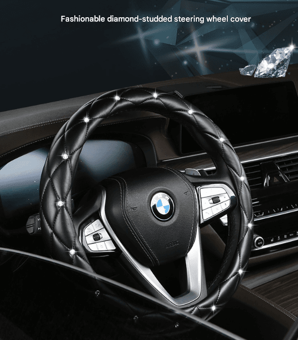 Black Bling Steering Wheel Cover - Black Quilted Leather with Crystal