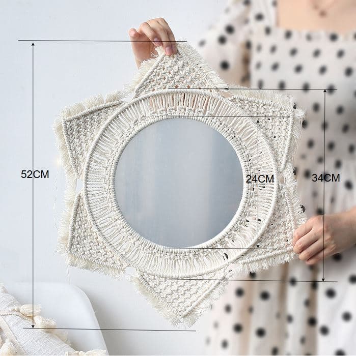 M0864 Bohemian Macrame Wall Hanging Mirror with Hand-Woven Petal Accents