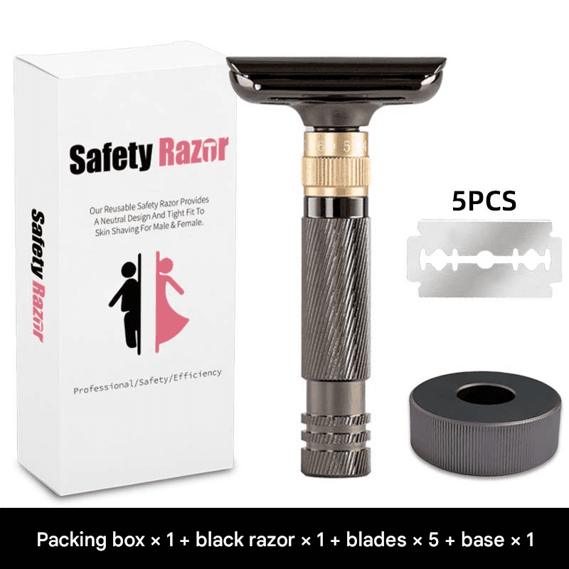 Black Adjustable Double Edge Safety Razor Kit - 8-Setting Precision Shave