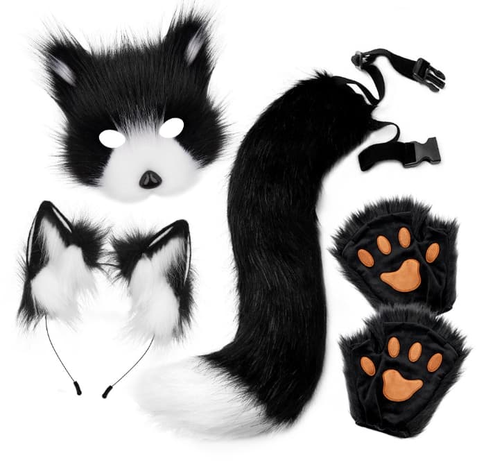 Black and white Halloween Furry Fox Costume Set - Plush Mask, Ears Headband