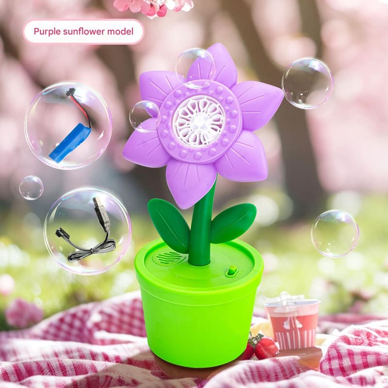 Electric Flower Bubble Machine with Music - Rechargeable, 10-Hole - Purple