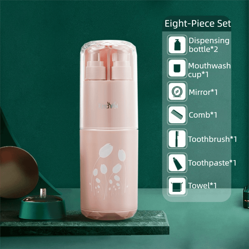 Pink Deluxe 8-in-1 Travel Toiletry Set - Portable All-in-One Toothbrush