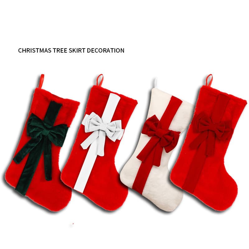 2-Piece Red Stitching White Bow Luxurious Velvet Christmas Stocking with Bow