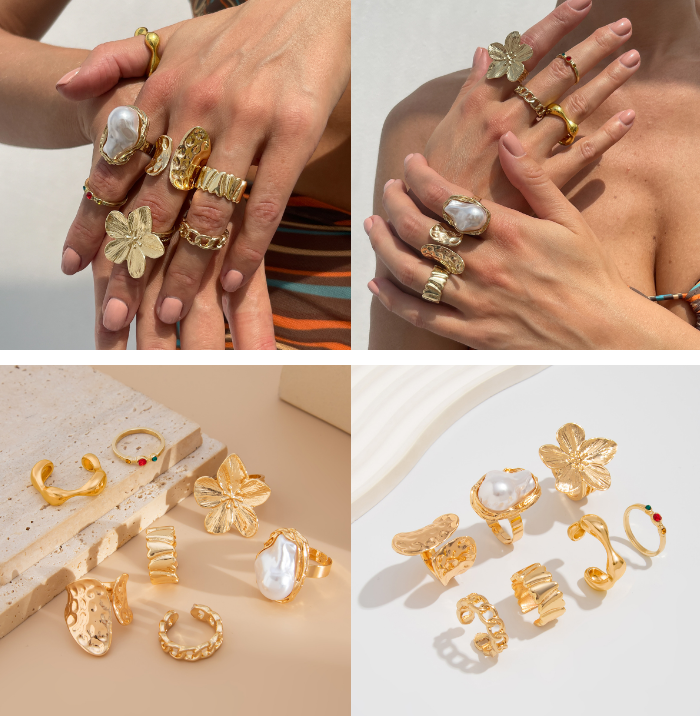 7-Piece Molten Gold Tone Ring Set - Baroque Faux Pearl, Flower, Chain Link
