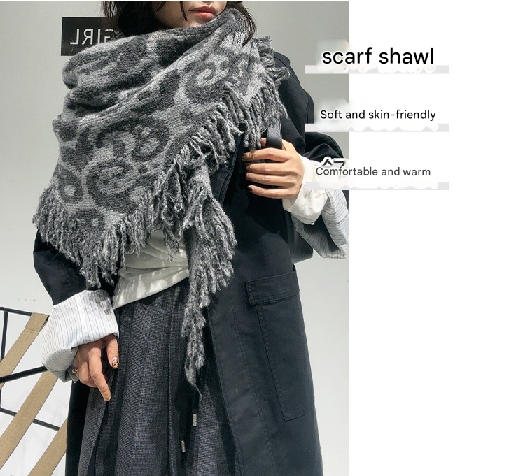 Black-white Luxurious Fringe Wool and Lambswool Scarf - Black white