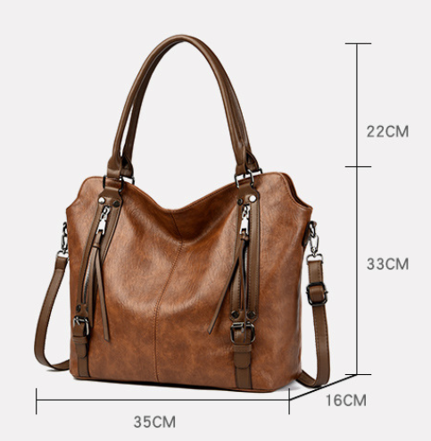 Black Vintage Soft PU Leather Tote Bag - Large Capacity Multi-Pocket Handbag