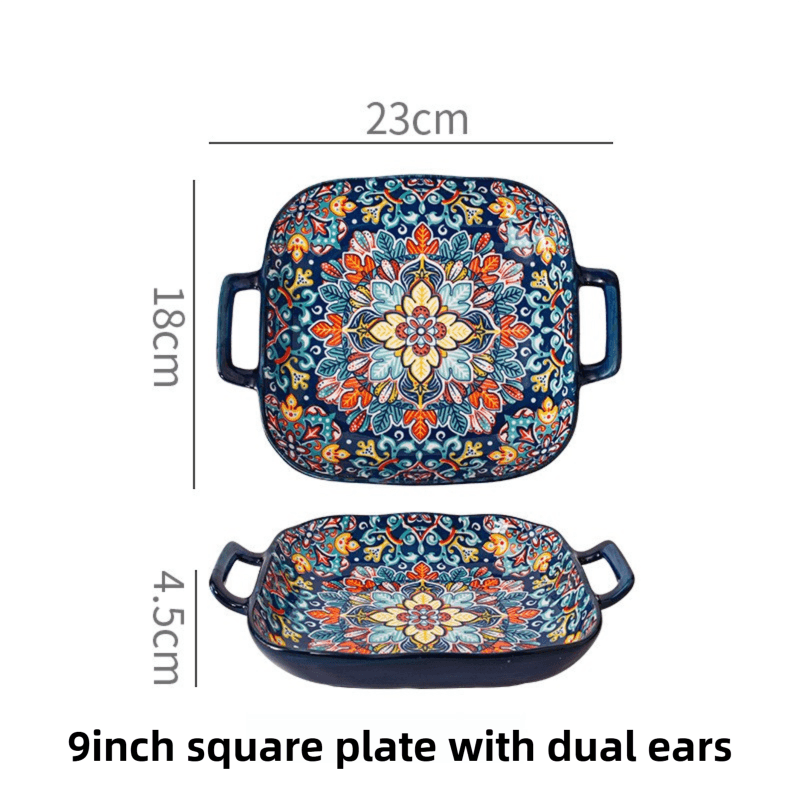 9-Inch Underglaze Ceramic Square Serving Plate with Dual Handles (Baroque)