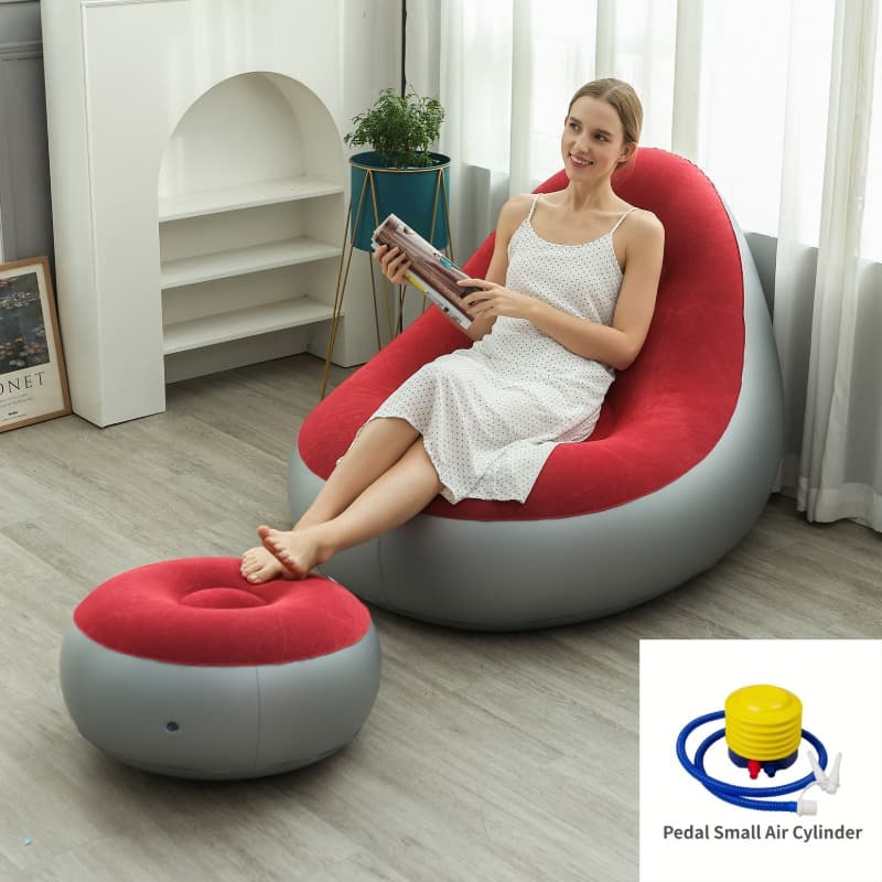 Red Inflatable Flocked Lounge Chair & Ottoman Set with Foot Pump - Portable