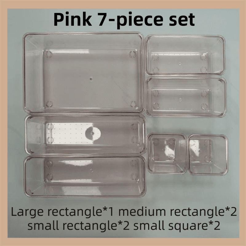 7-Piece Pink Transparent Stackable Organizer Set - 4-Size Versatile Desktop