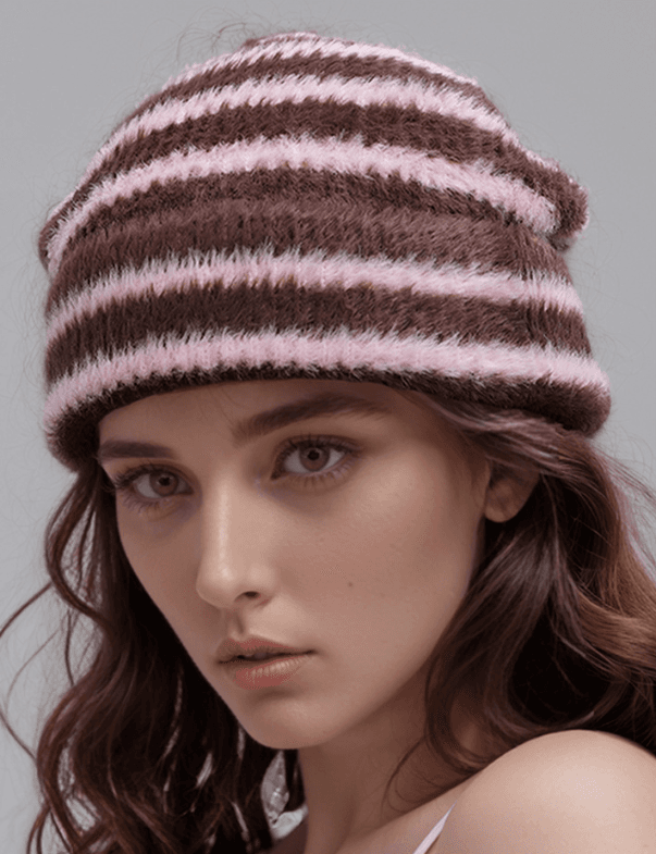 Trendy Dual-Tone Striped Beanie - Soft Plush Knit - Pink and brown