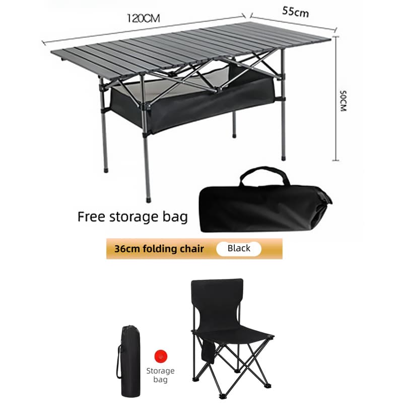 120 cm Black Portable Folding Egg Roll Camping Table + 4-Pack 36 cm Chairs