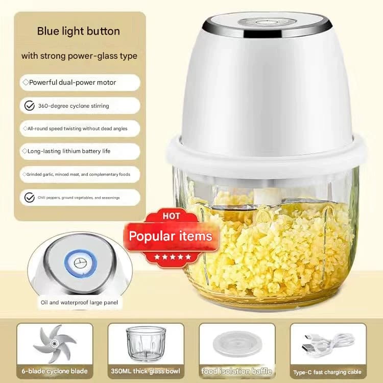 Electric Mini Garlic Chopper with Glass Bowl - USB Rechargeable, 6 - White