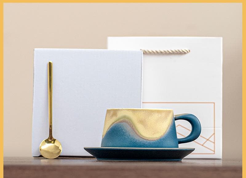 Artistic Ceramic Coffee Cup & Saucer Set with Spoon - Gradient Glaze - Blue