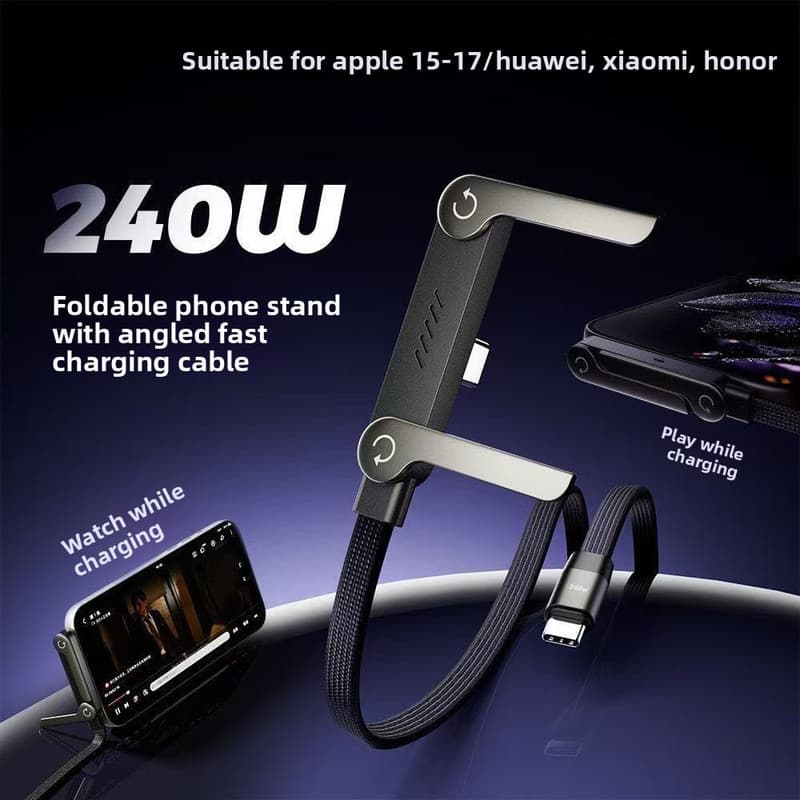 240W USB-C to USB-C Fast Charging Cable with Integrated Folding Phone Stand