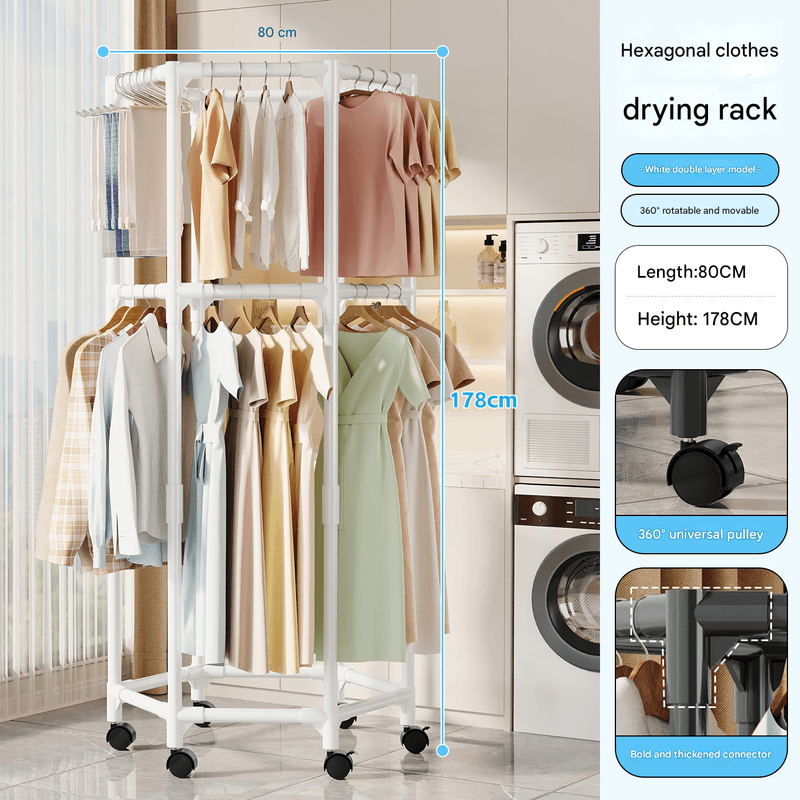 White double layer 360° Rotating Portable Garment Rack - Heavy Duty Rolling