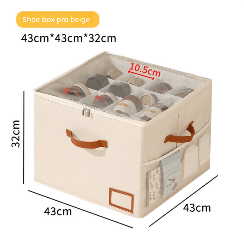 Heavy Duty Shoe Storage Box 16 Grids Beige 43 cm Cube Foldable Fabric