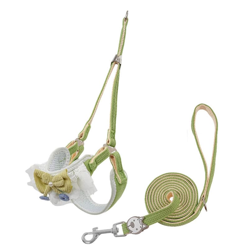 Green Lace Y-Shaped Pet Harness and Leash Set - Breathable Mesh - Size:M