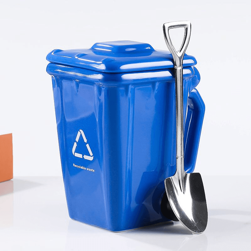 Blue Creative Trash Can Ceramic Mug with Shovel Spoon - 400 ml Funny Garbage