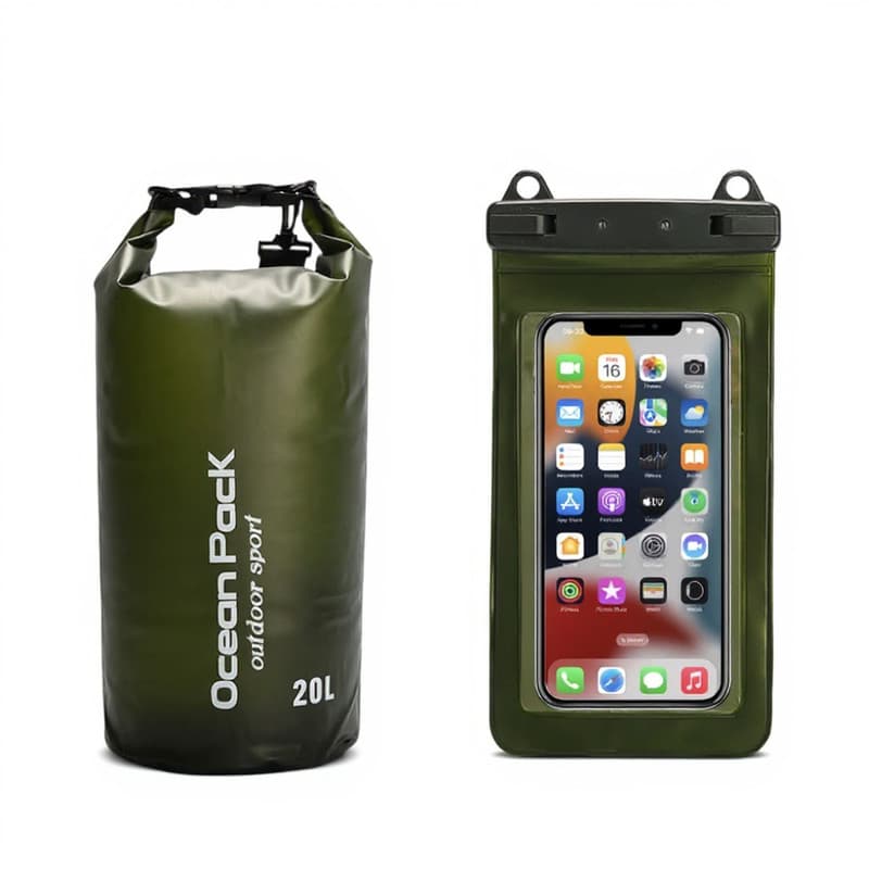 Dark Green 20L PVC Waterproof Swimming Bag Bonus with Waterproof Phone Pouch