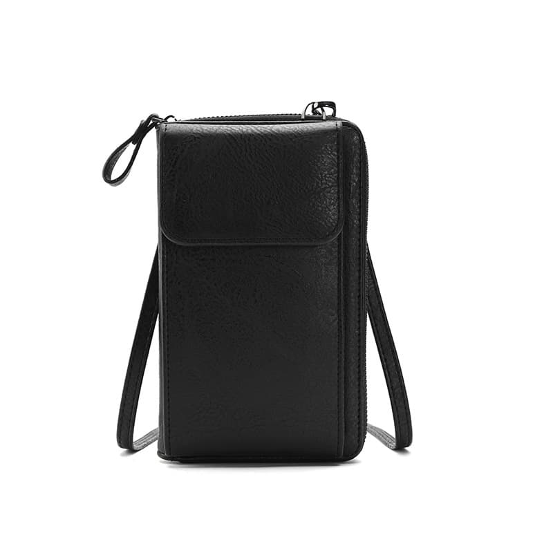 Black Women's PU Leather Crossbody Phone Bag - Black Crossbody Adjustable