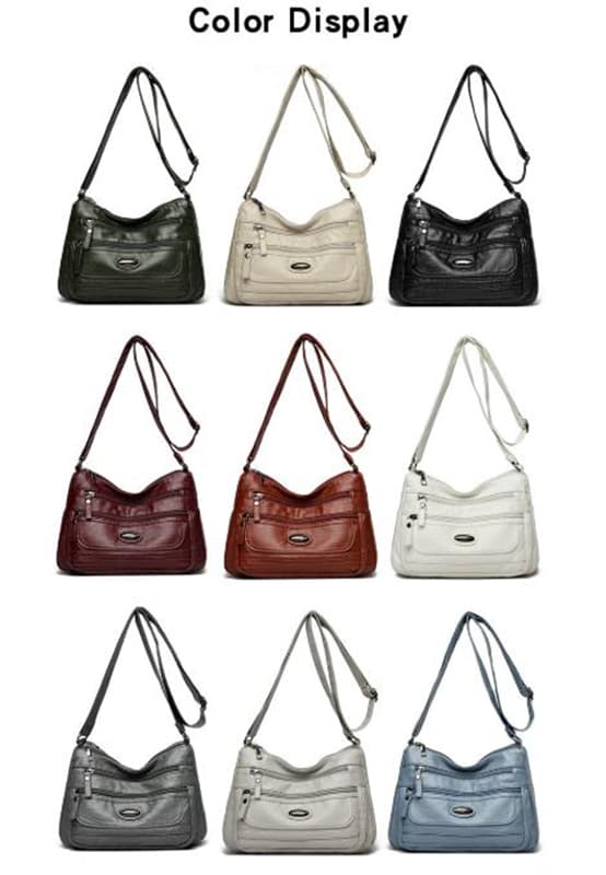 Black Women's Soft Washed PU Leather Crossbody Bag - Multi-Pocket Casual