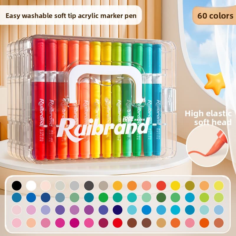 60 Colors Ruibrand Kids Washable Acrylic Markers Set - Non-Toxic, Blendable