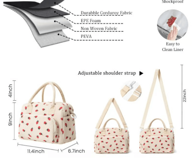 Beige Women's Large Corduroy Lunch Bag Insulated Thermal Tote Strawberry