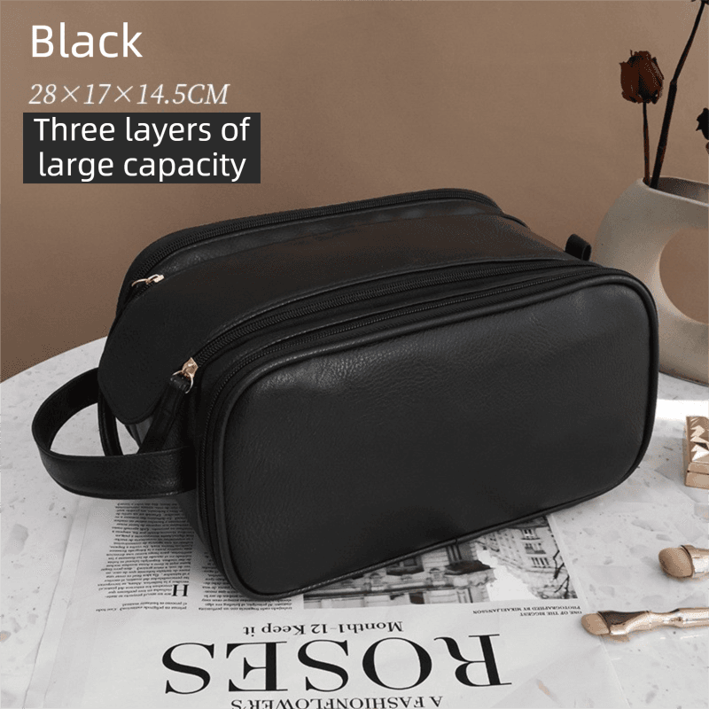 Black TPU Leather Dual-Zipper Cosmetic Bag with 3 Dry & Wet Separation Zone
