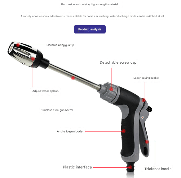 Black and Grey Heavy Duty Long Wand Garden Hose Nozzle - High Pressure Water