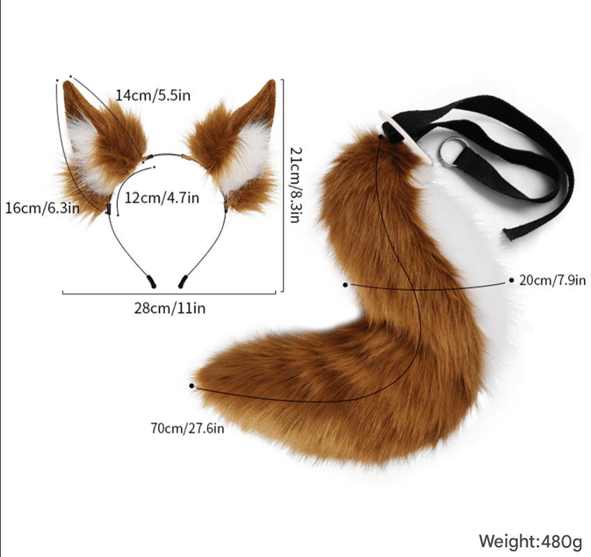 Brown Plush Faux Fur Fox Ears Headband and Tail Set - Realistic Animal