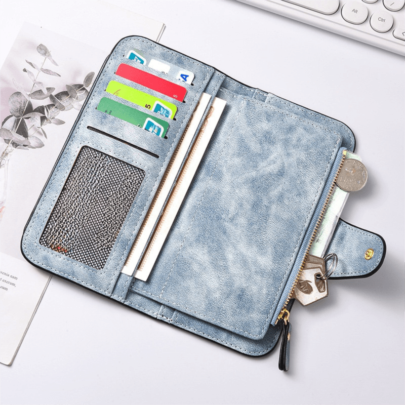 Blue Large-Capacity Women's Long Wallet - Vintage PU Leather Clutch