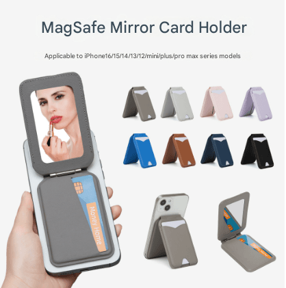 Black MagSafe Wallet with Mirror & Stand - PU Leather Card Holder for iPhone