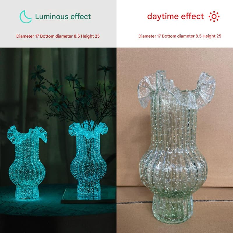 Green Glow-in-the-Dark Glass Vase - Vintage-Style Ruffled & Ribbed