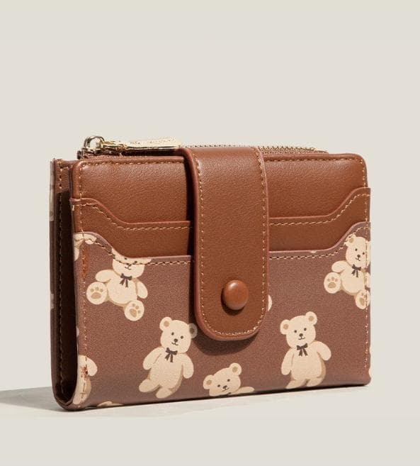 Brown Bear Print Bifold Wallet - PU Leather & Polyester Card Holder with Zip