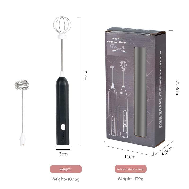 Black Mini Hand Mixer with Frother & Balloon Whisk Heads - Rechargeable