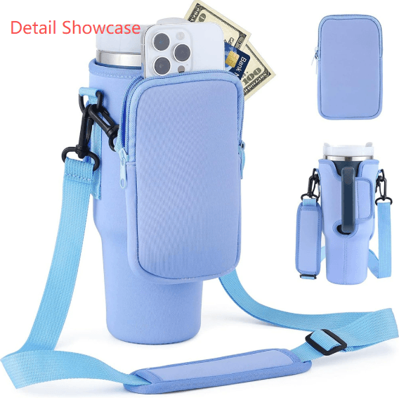 Black Crossbody Tumbler Carrier with Detachable Wallet Pouch and Adjustable