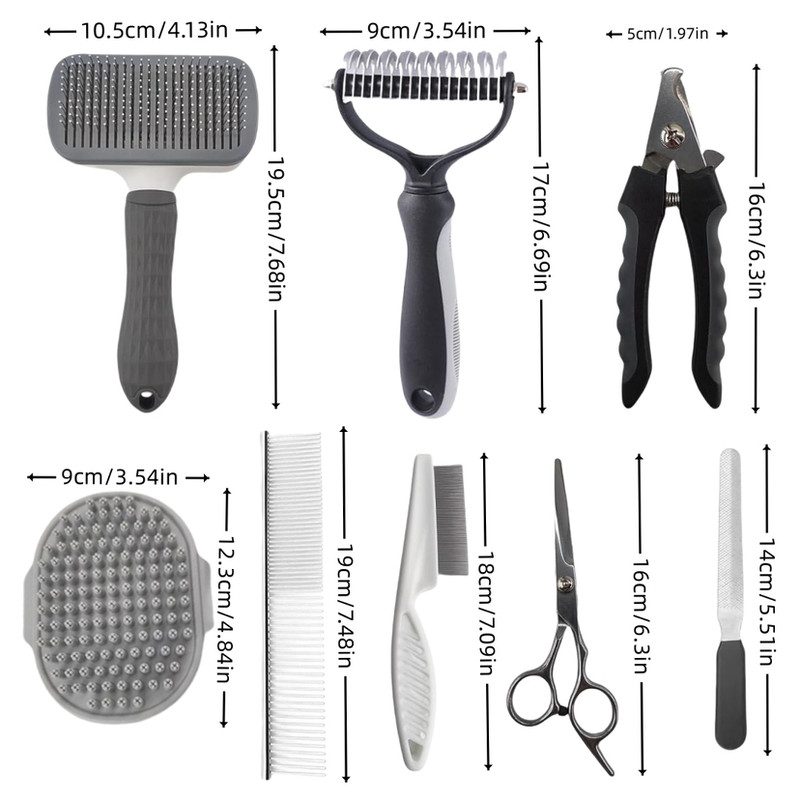 Grey Professional 9-Piece Pet Grooming Kit - DeShedding Brushes, Nail