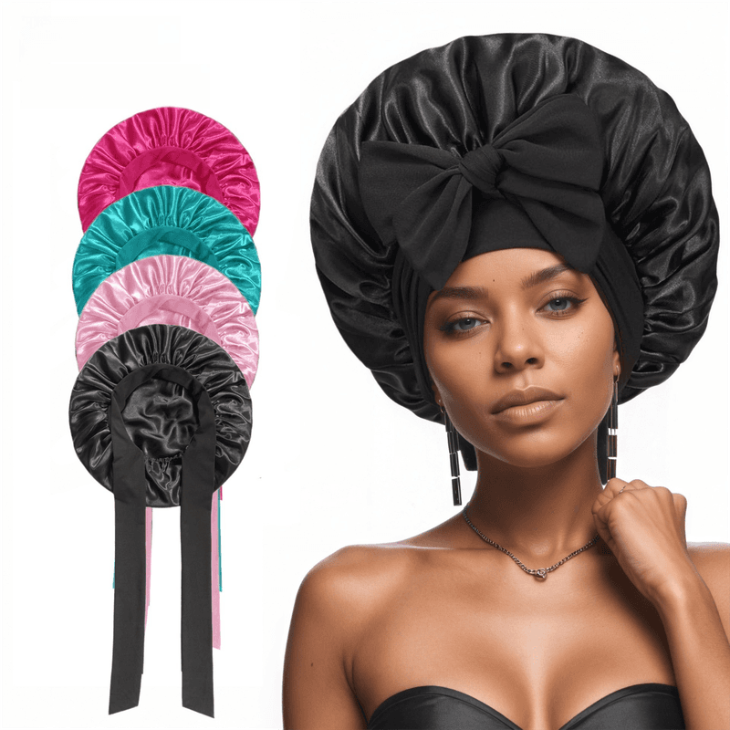 2-Piece Black Double-Layer Satin Hair Cap with Ribbon Bow - Silk-Like Beauty