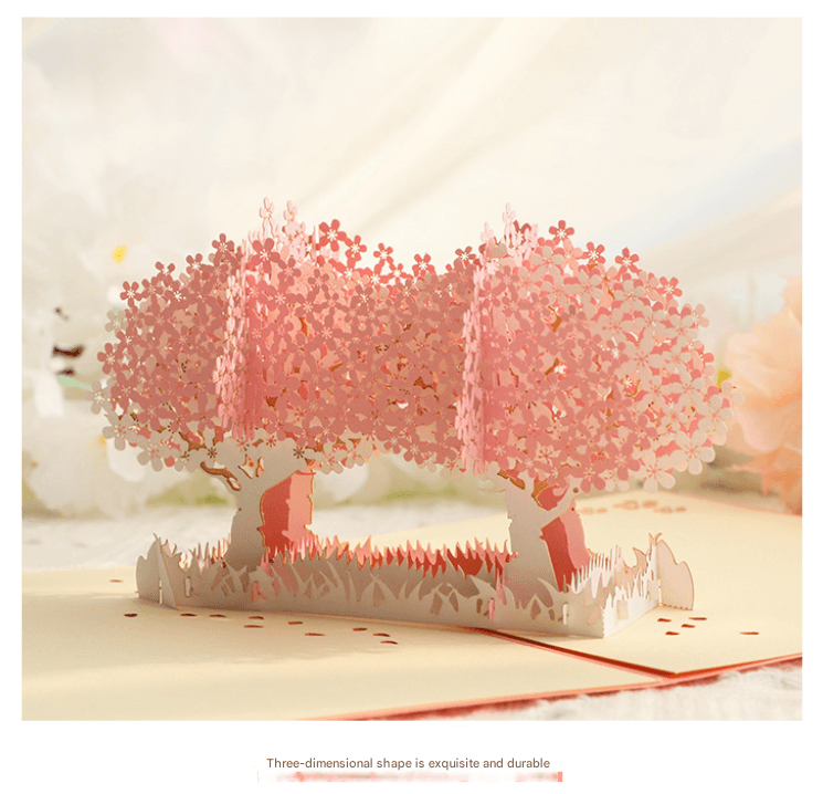 3D Handcrafted Cherry Blossom Pop-Up Greeting Card - Handwritten Paper