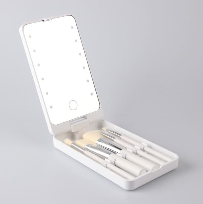 2-Piece White Portable LED Makeup Mirror with Brush - Foldable, Rotatable