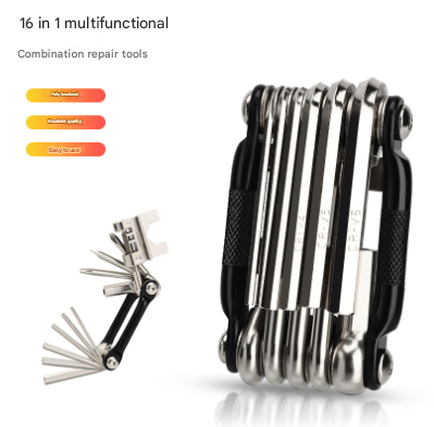 Black and Silver 16 in 1 Bicycle Repair Multi Tool - Compact Folding Bike