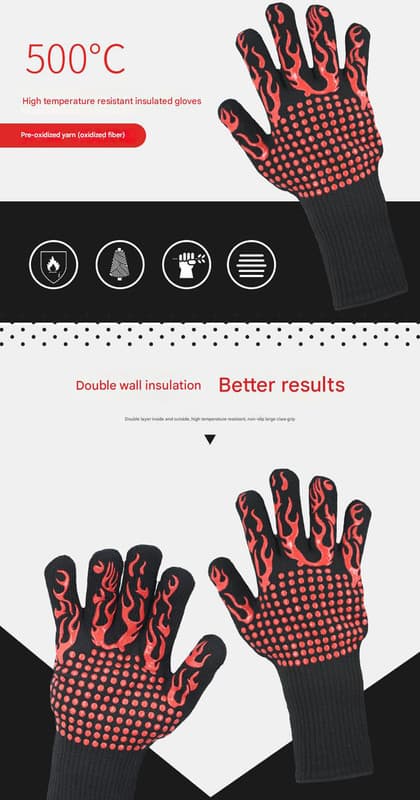 Red Flame Pattern Extreme Heat-Resistant BBQ Gloves - 500°C Flame Design
