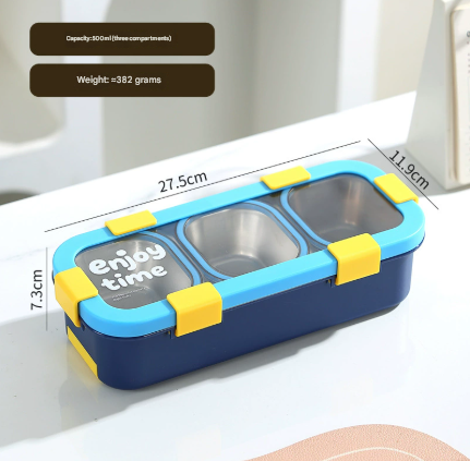 Blue Stainless Steel 3-Compartment Lunch Box - Leak-Proof 500 ml - Blue 3