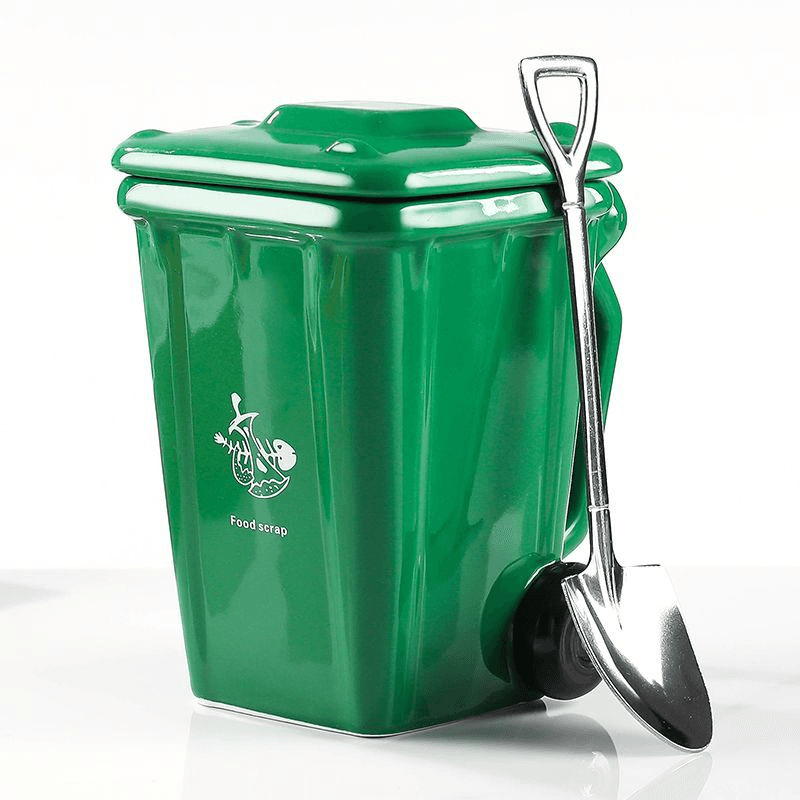 Green Creative Trash Can Ceramic Mug with Shovel Spoon - 400 ml Funny