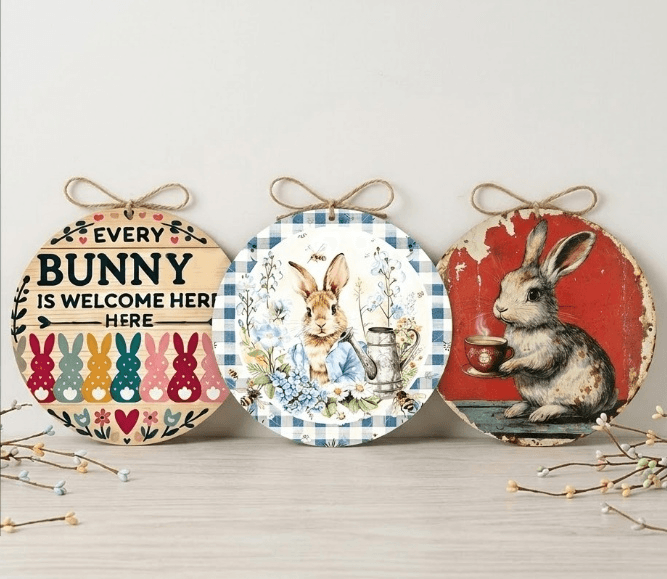 Easter Wooden Door Sign & Hanging Ornament 3-Piece Set - Colorful Bunny
