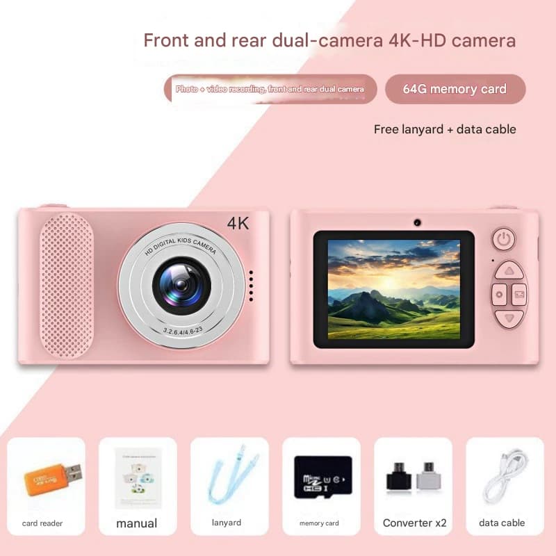 Ultra HD 4K Dual Lens Digital Camera - 44MP, 4X Zoom, 2.4" Screen - Pink