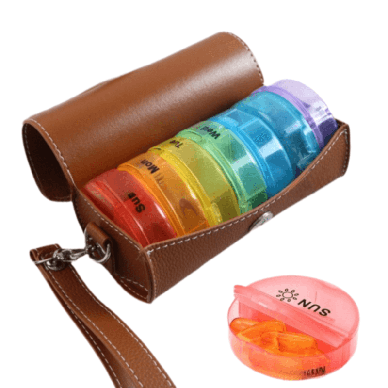 Portable 7-Day Weekly Travel Pill Organizer with Brown PU Leather Pouch - 14