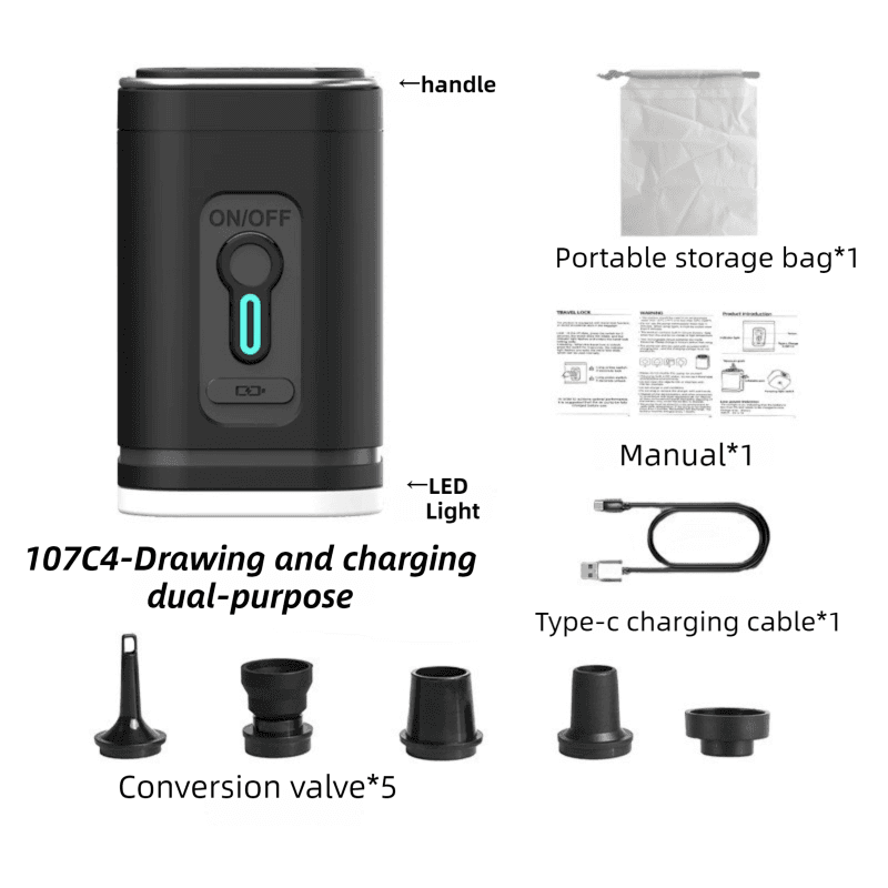 Black Wireless Rechargeable Vacuum Pump with 5 Versatile - Black And Led