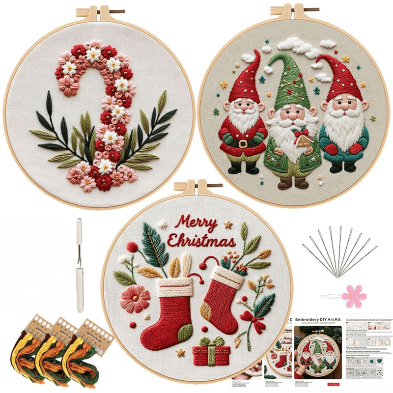Christmas Embroidery DIY Kit with 20 cm Faux Bamboo Hoop - Nordic Style