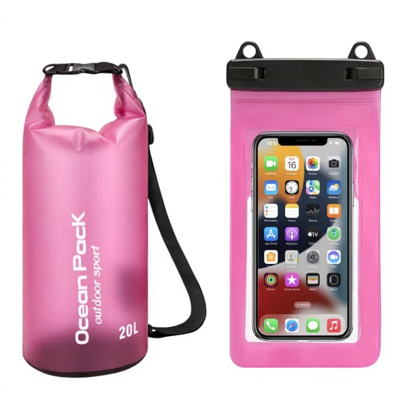 Pink 20L PVC Waterproof Swimming Bag Bonus with Waterproof Phone Pouch